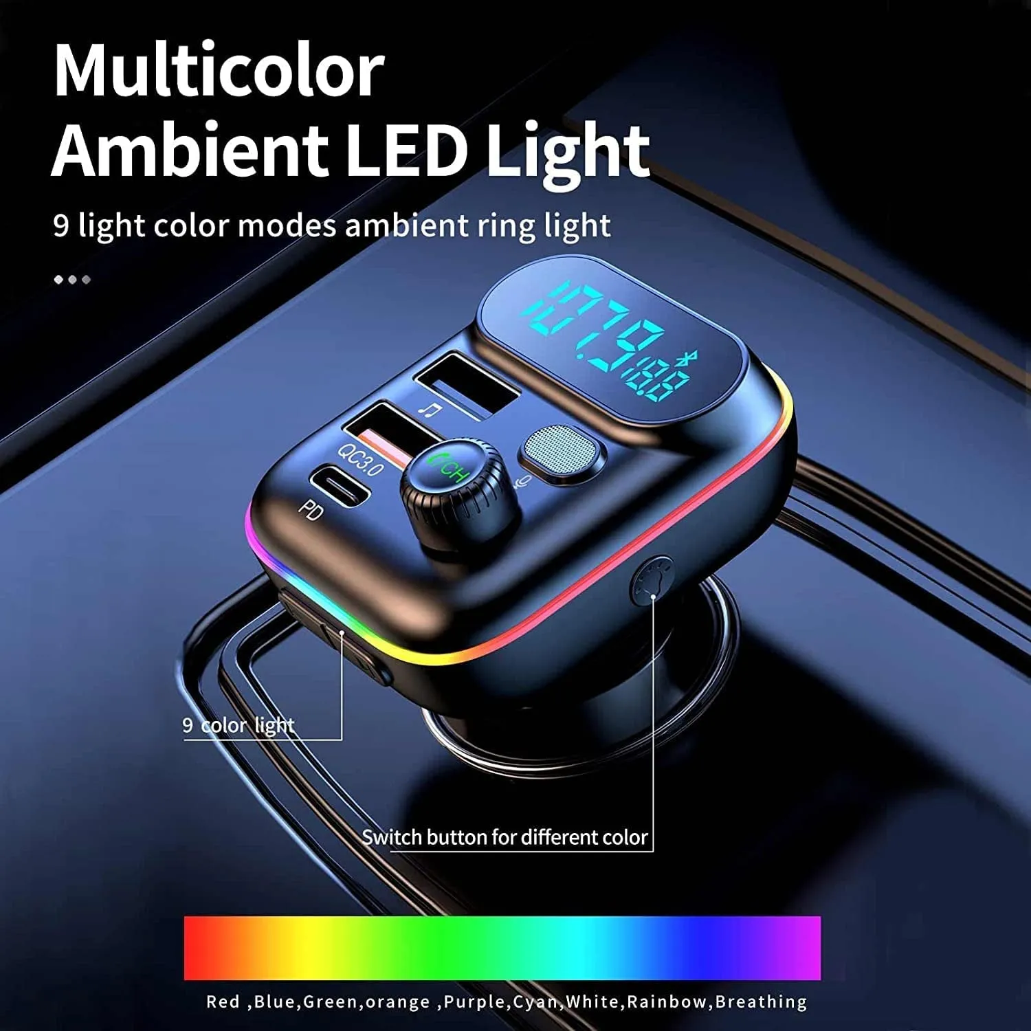 Bluetooth Adapter for Car, Wireless FM Radio Transmitter, Wireless Bluetooth 5.0, MP3 Music Player, QC3.0   PD 20W USB Car Charger, 7 Colors LED Backlit