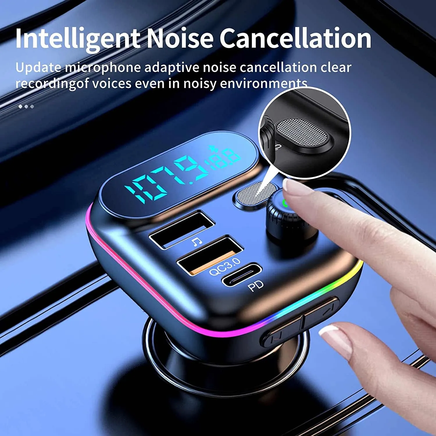 Bluetooth Adapter for Car, Wireless FM Radio Transmitter, Wireless Bluetooth 5.0, MP3 Music Player, QC3.0   PD 20W USB Car Charger, 7 Colors LED Backlit