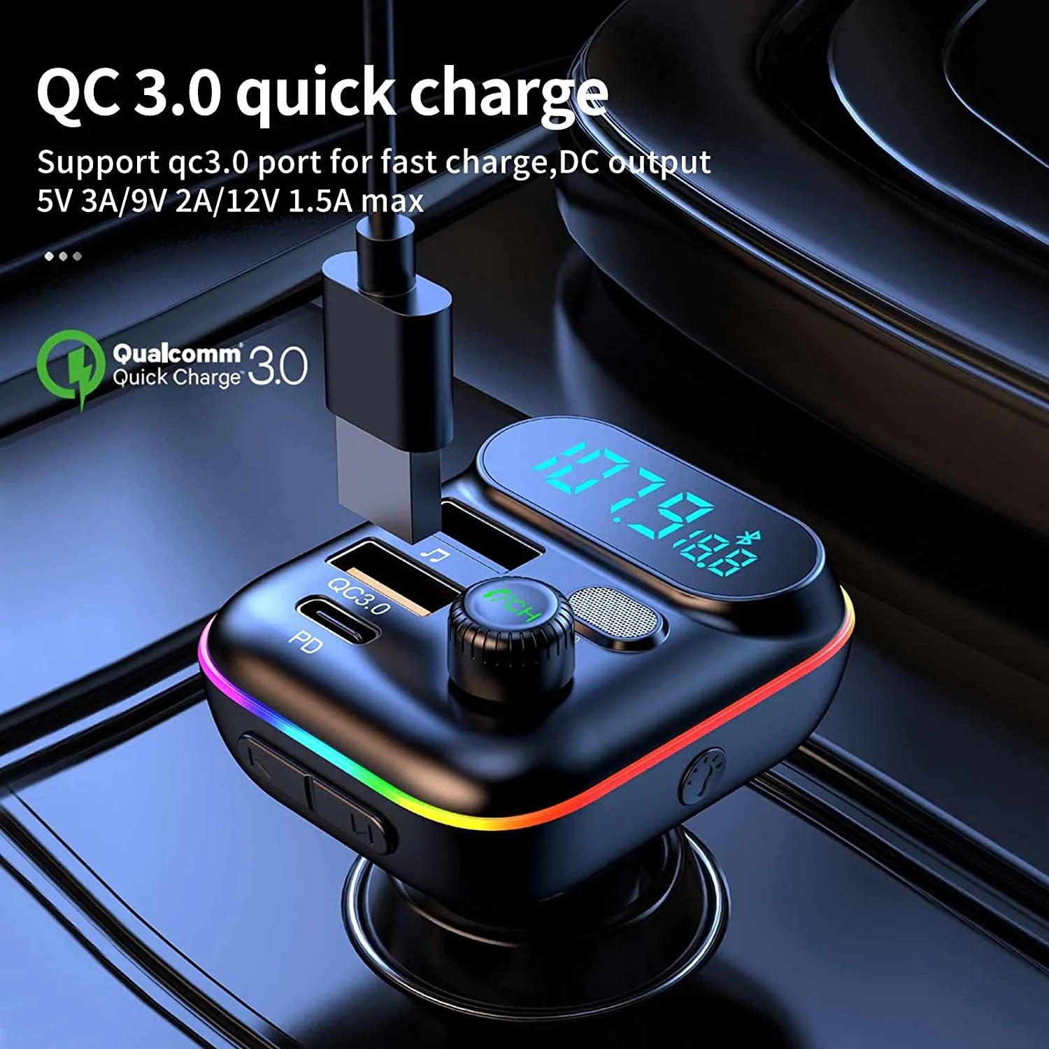 Bluetooth Adapter for Car, Wireless FM Radio Transmitter, Wireless Bluetooth 5.0, MP3 Music Player, QC3.0   PD 20W USB Car Charger, 7 Colors LED Backlit