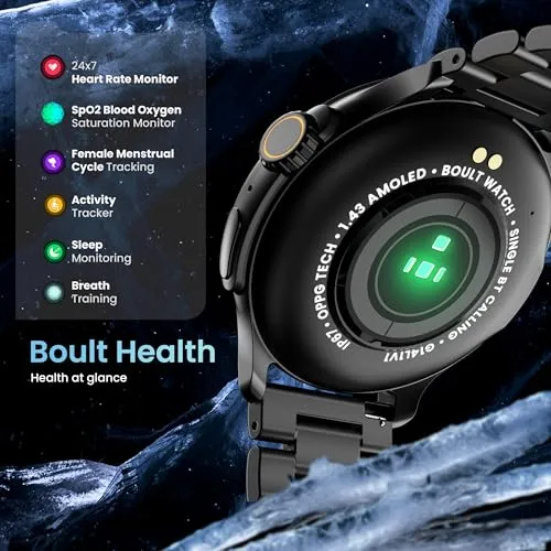 Boult Newly Launched Crown R Pro Smart Watch 1.43''HD AMOLED, Bluetooth Calling, Working Crown, Zinc Alloy Frame, 600 Nits Brightness, AI Voice Assistant, SpO2 Monitoring, 120  Sports Mode (Jet Black)