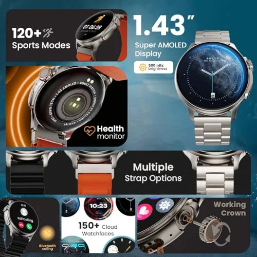 Boult Newly Launched Crown R Pro Smart Watch 1.43''HD AMOLED, Bluetooth Calling, Working Crown, Zinc Alloy Frame, 600 Nits Brightness, AI Voice Assistant, SpO2 Monitoring, 120  Sports Mode (Silver)