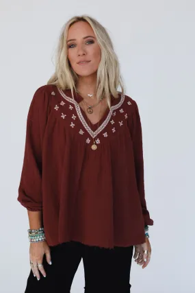 Desert Bloom Embroidered Top - Red