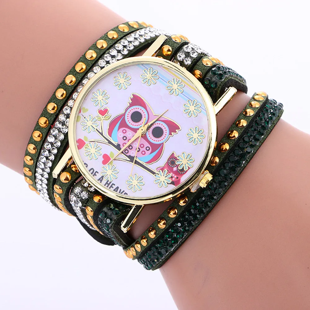 Fashion Owl Pattern Chimes Leather Bracelet Lady Womans Wrist Watch