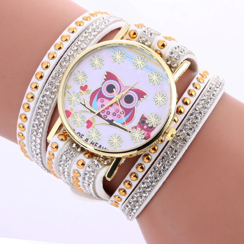 Fashion Owl Pattern Chimes Leather Bracelet Lady Womans Wrist Watch