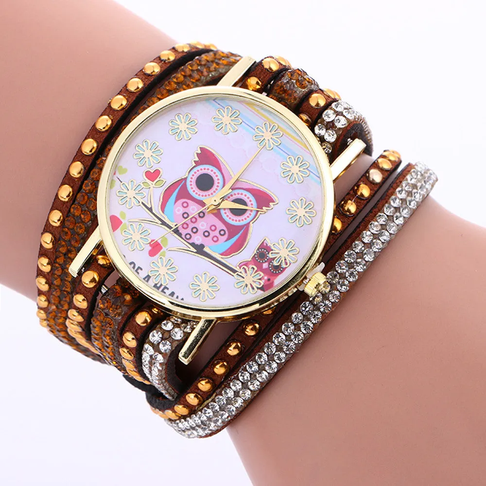 Fashion Owl Pattern Chimes Leather Bracelet Lady Womans Wrist Watch