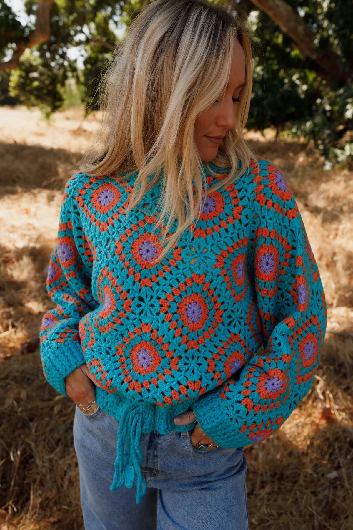 Made For Each Other Crochet Sweater - Teal Multi