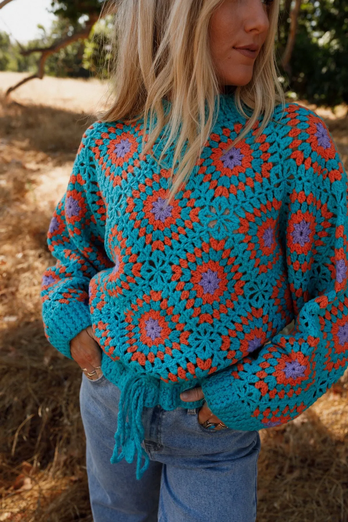 Made For Each Other Crochet Sweater - Teal Multi