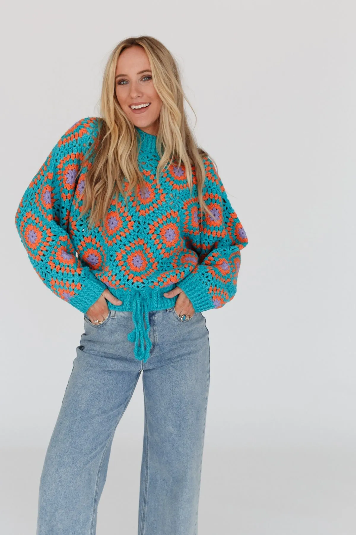 Made For Each Other Crochet Sweater - Teal Multi