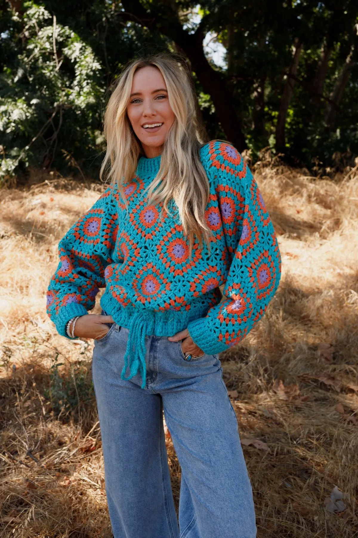 Made For Each Other Crochet Sweater - Teal Multi