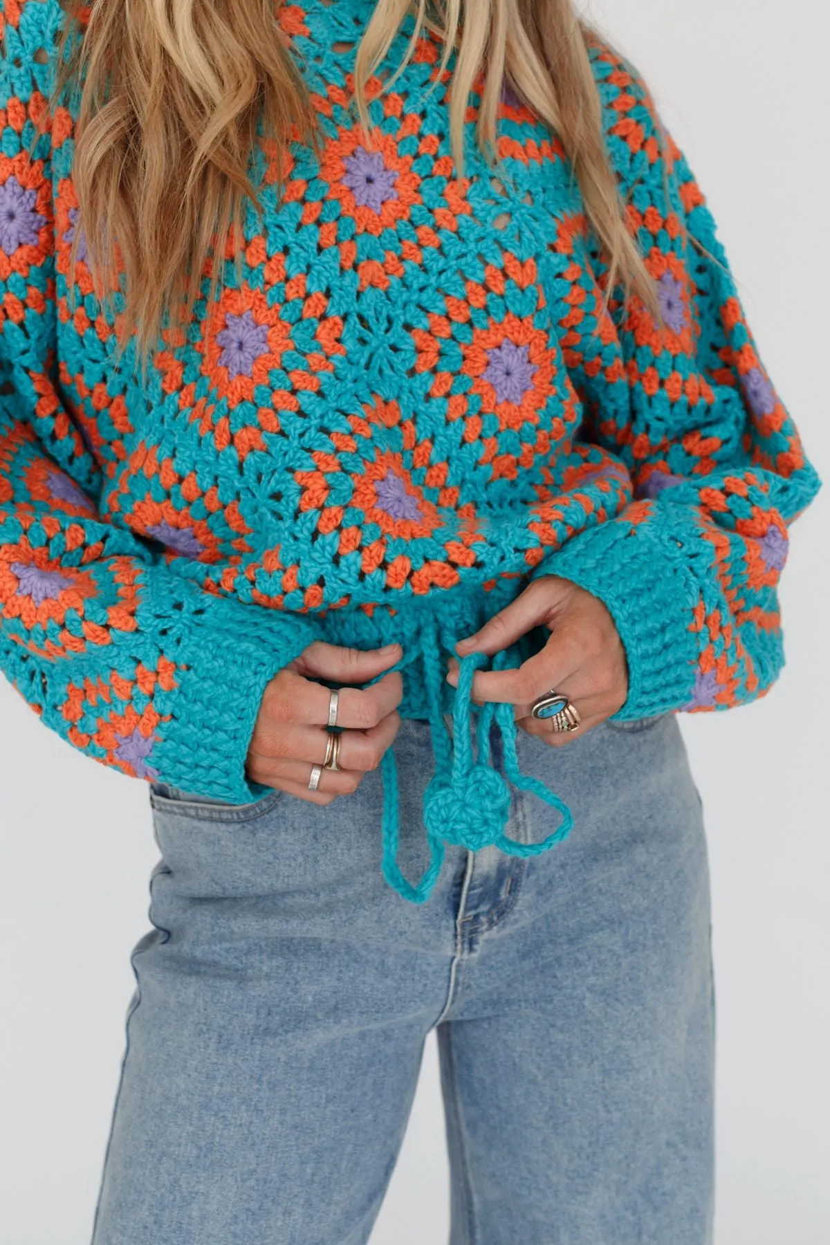 Made For Each Other Crochet Sweater - Teal Multi