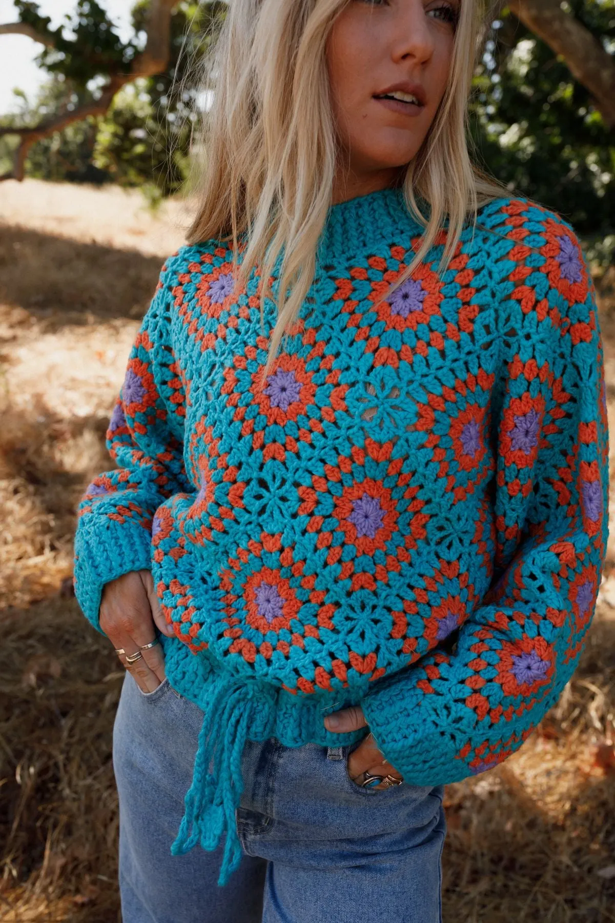 Made For Each Other Crochet Sweater - Teal Multi