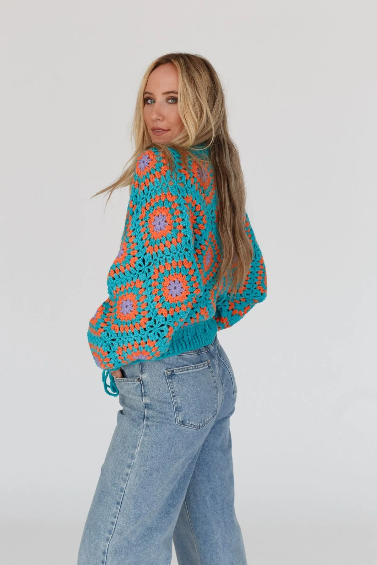 Made For Each Other Crochet Sweater - Teal Multi