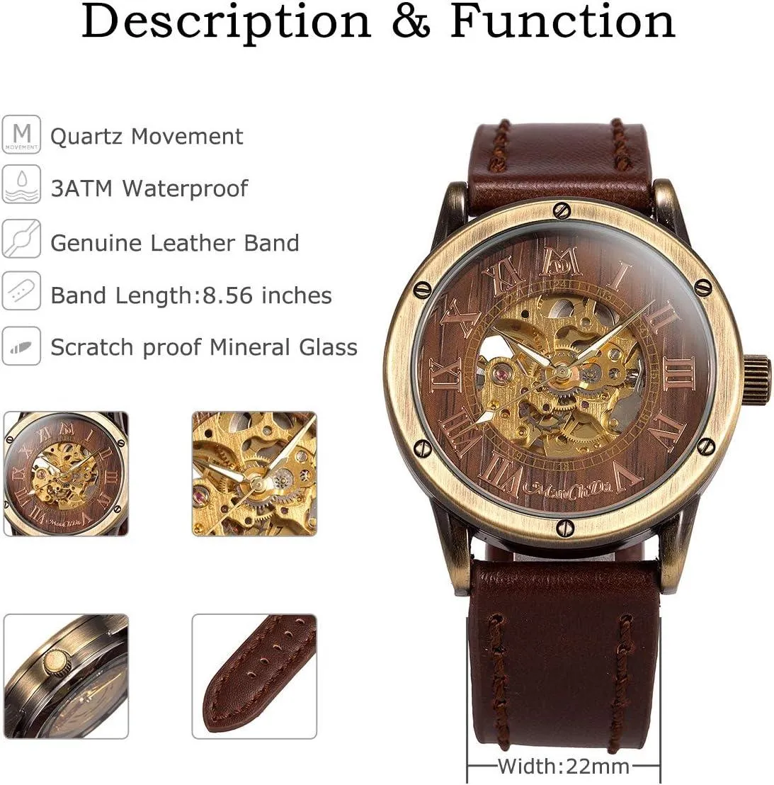 ManChDa Steampunk Burlywood Skeleton Self-Winding Watch