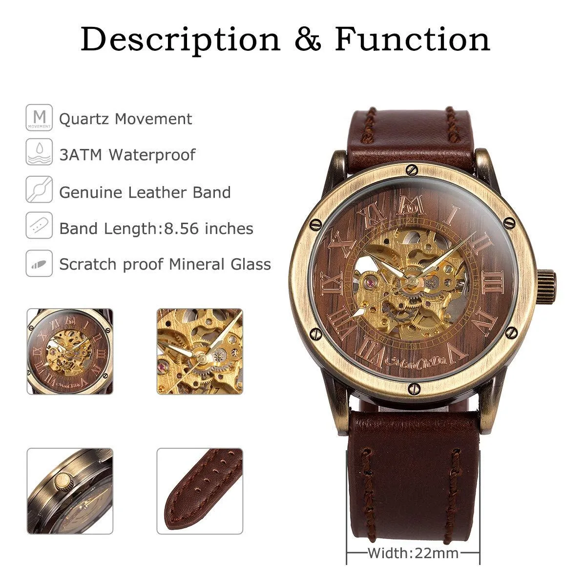 ManChDa Steampunk Burlywood Skeleton Self-Winding Watch