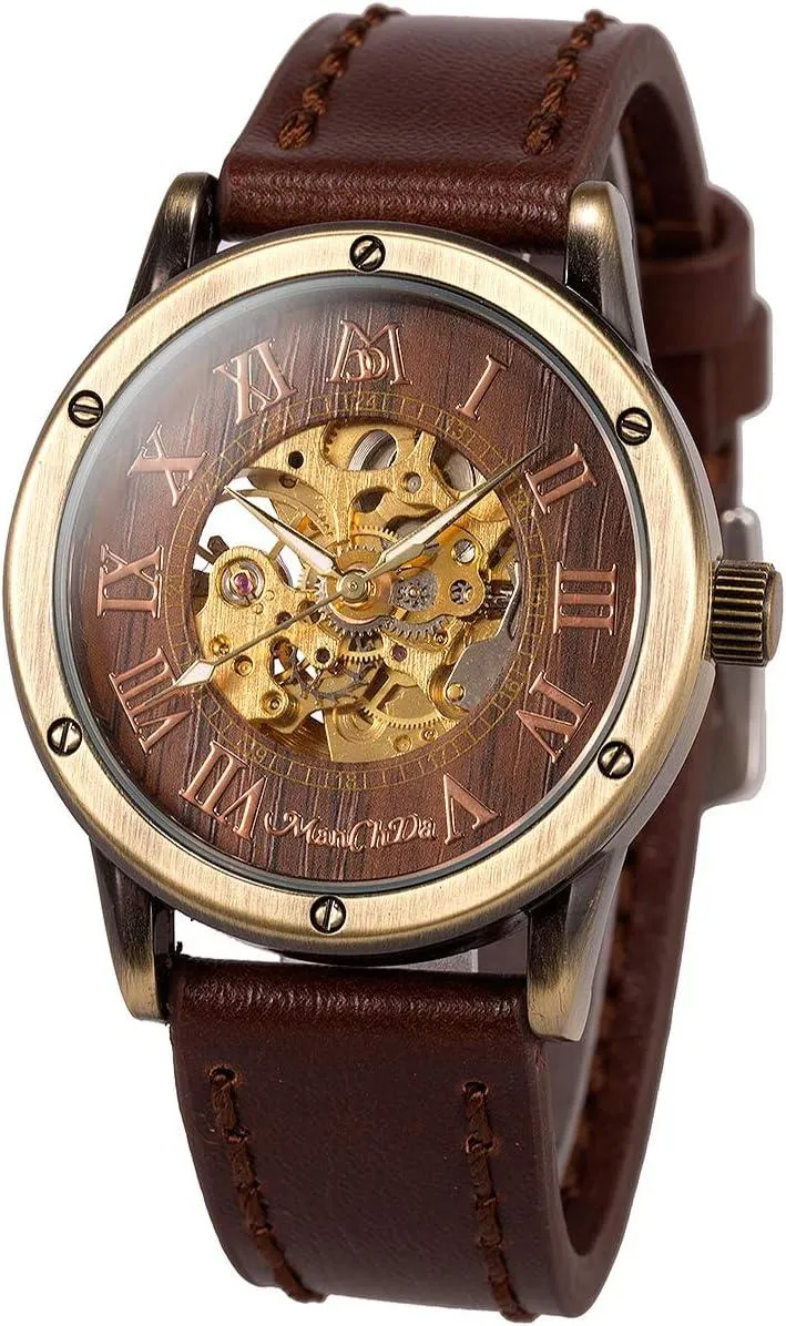 ManChDa Steampunk Burlywood Skeleton Self-Winding Watch