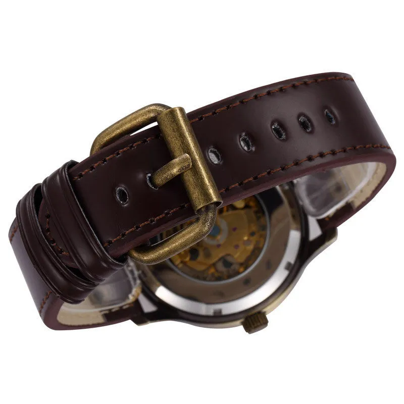 Men's Bronze Skeleton Watch with Leather Band