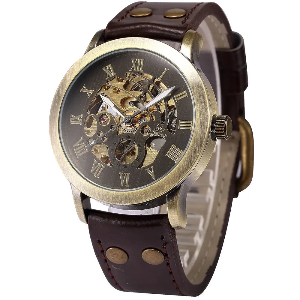 Men's Bronze Skeleton Watch with Leather Band