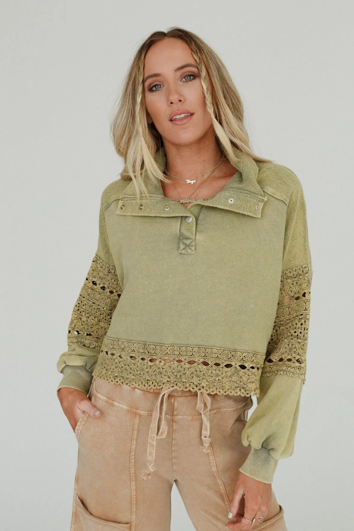 Nightbird Washed Lace Pullover Top - Olive