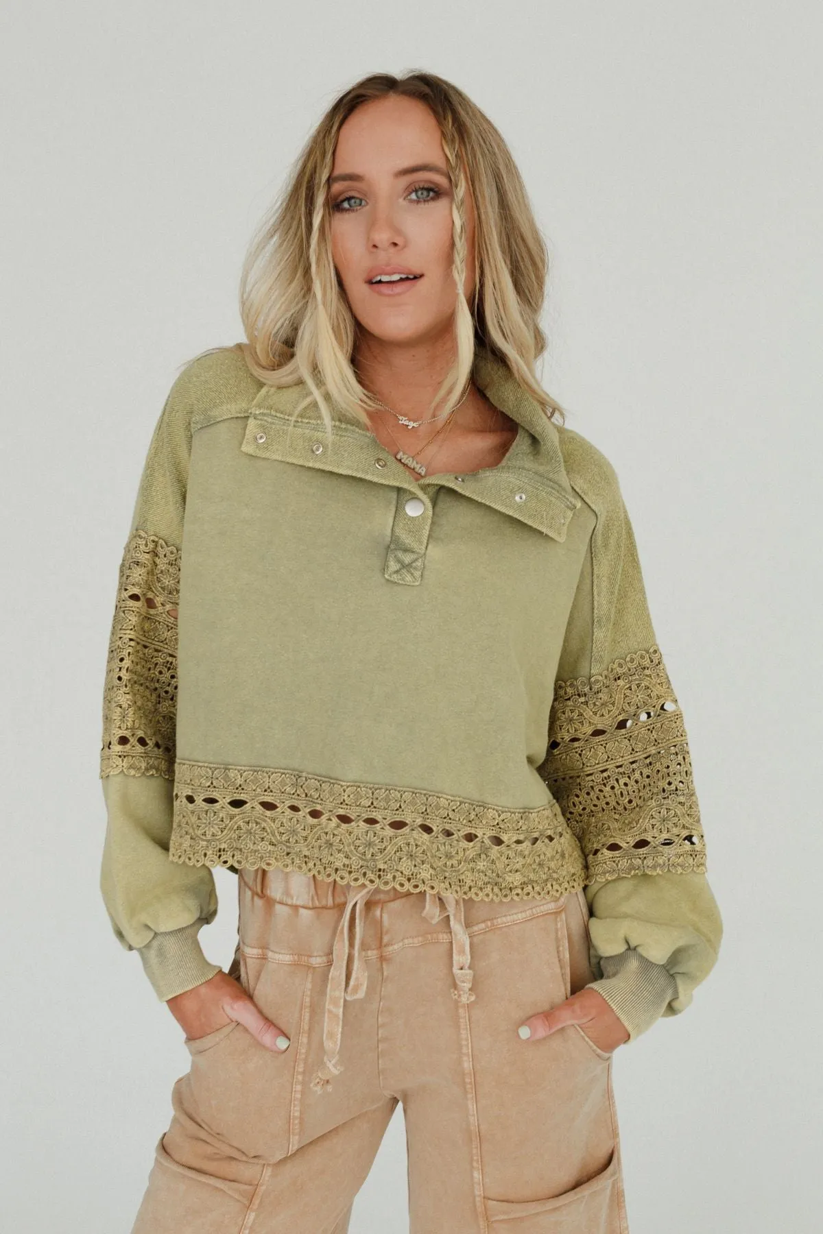 Nightbird Washed Lace Pullover Top - Olive