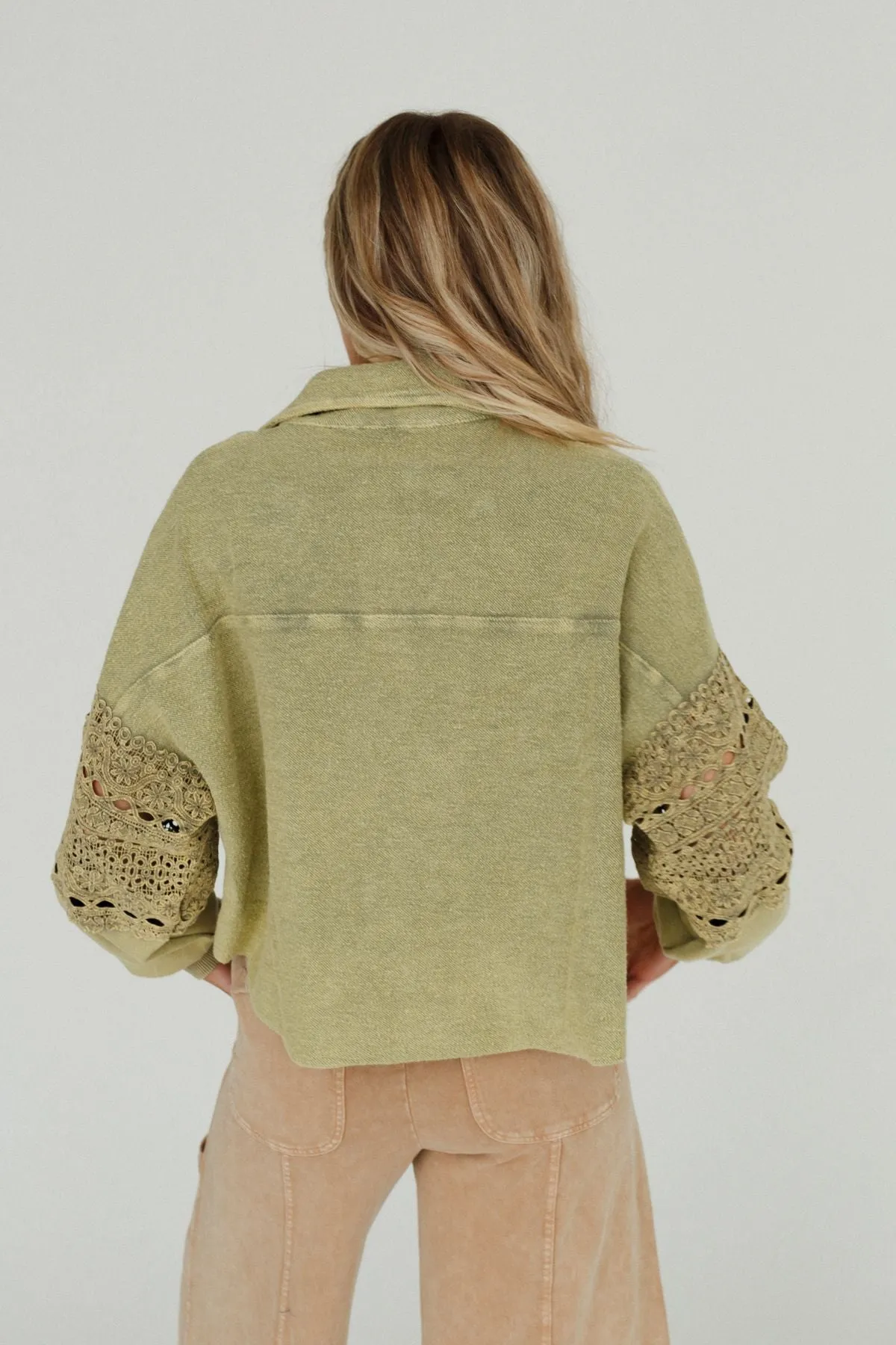 Nightbird Washed Lace Pullover Top - Olive