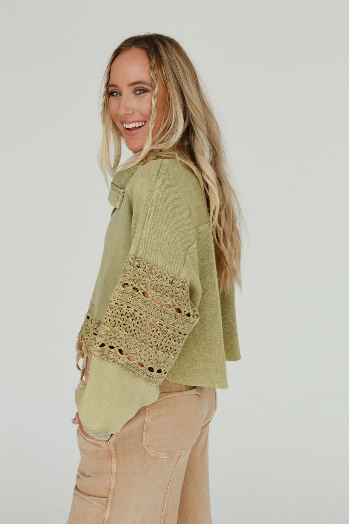 Nightbird Washed Lace Pullover Top - Olive