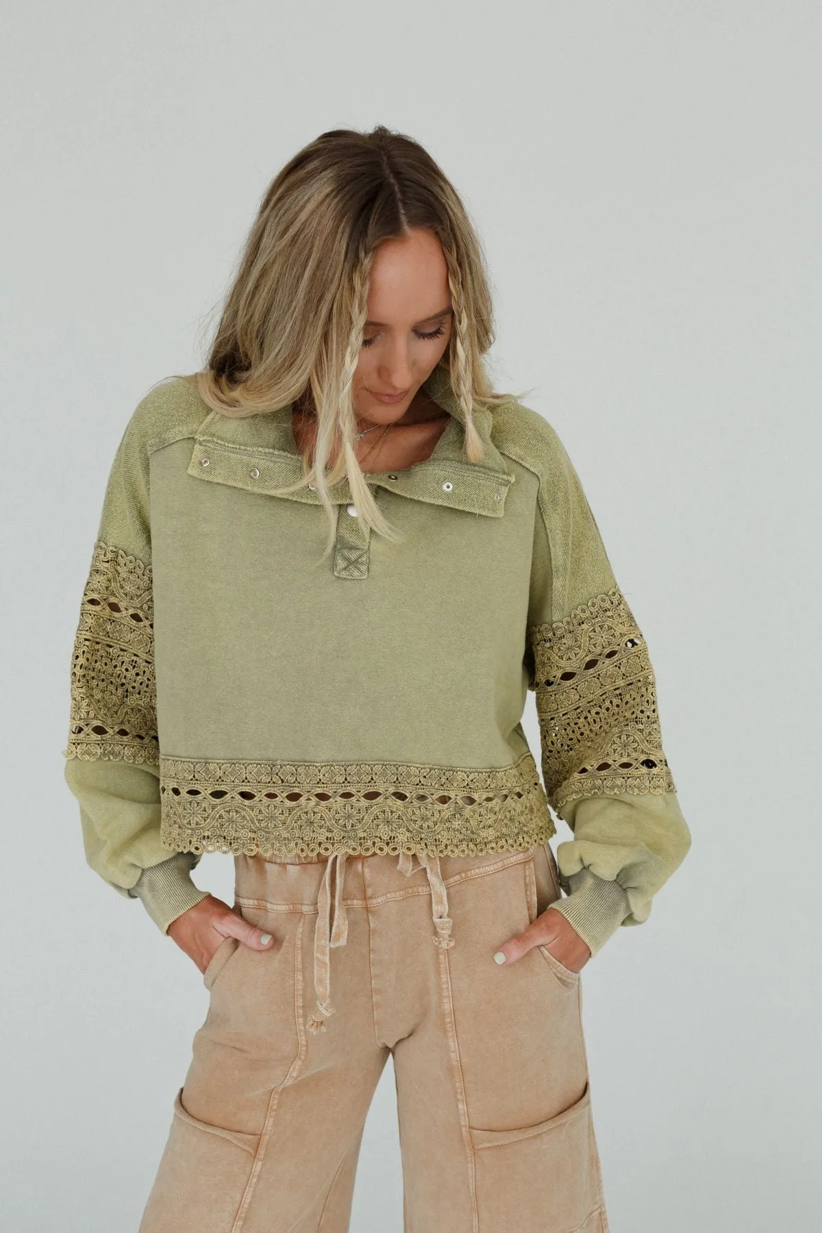 Nightbird Washed Lace Pullover Top - Olive