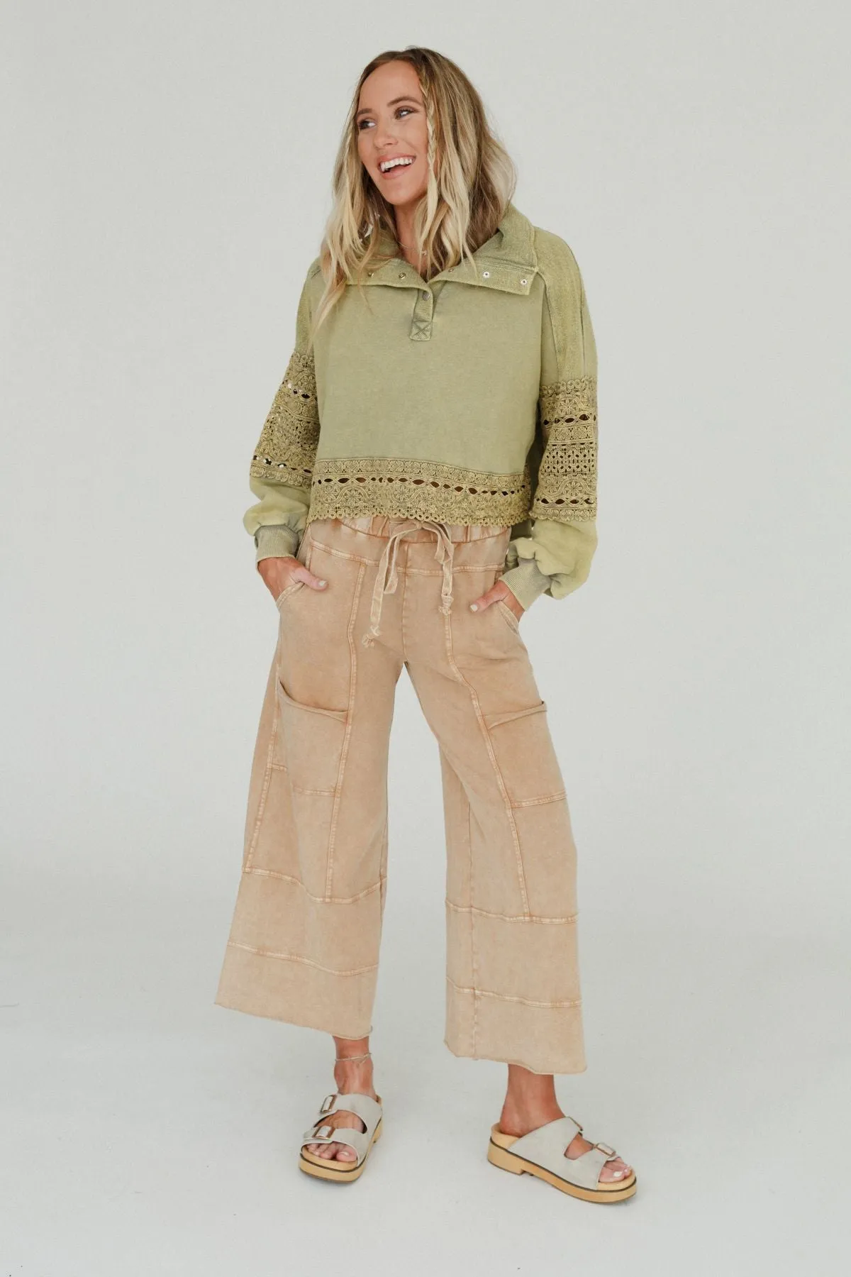 Nightbird Washed Lace Pullover Top - Olive