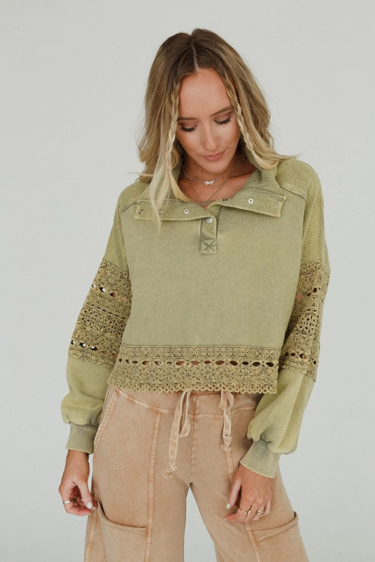 Nightbird Washed Lace Pullover Top - Olive