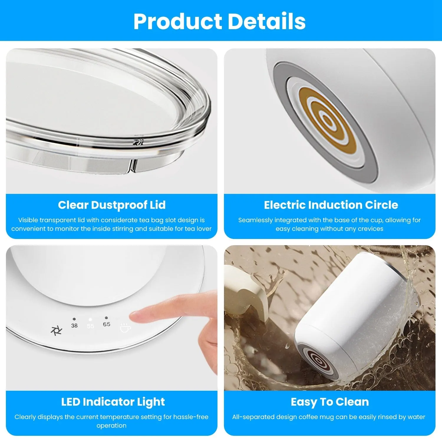 Self Stirring Coffee Mug with Lid Temperature Control 3 Heat Settings