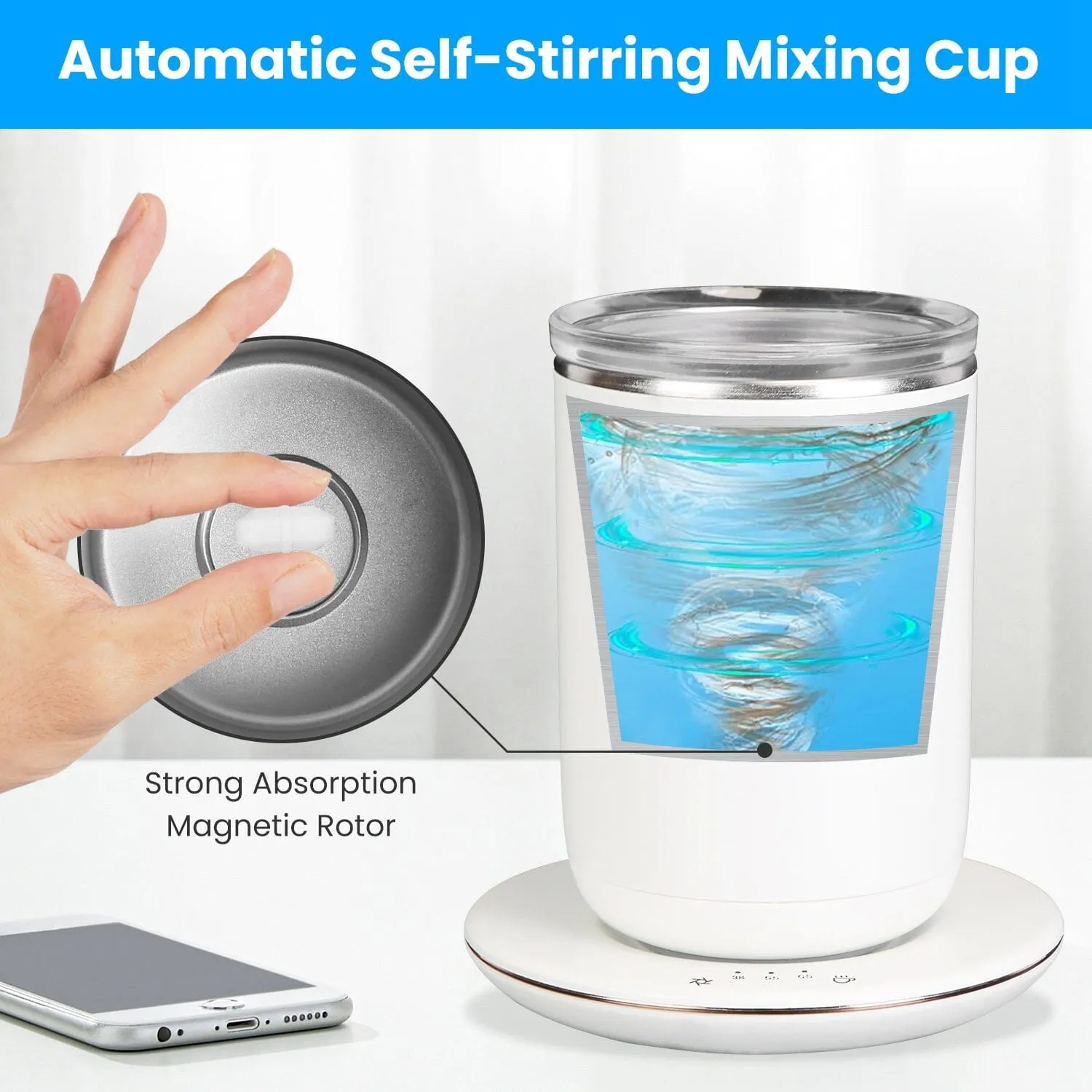 Self Stirring Coffee Mug with Lid Temperature Control 3 Heat Settings