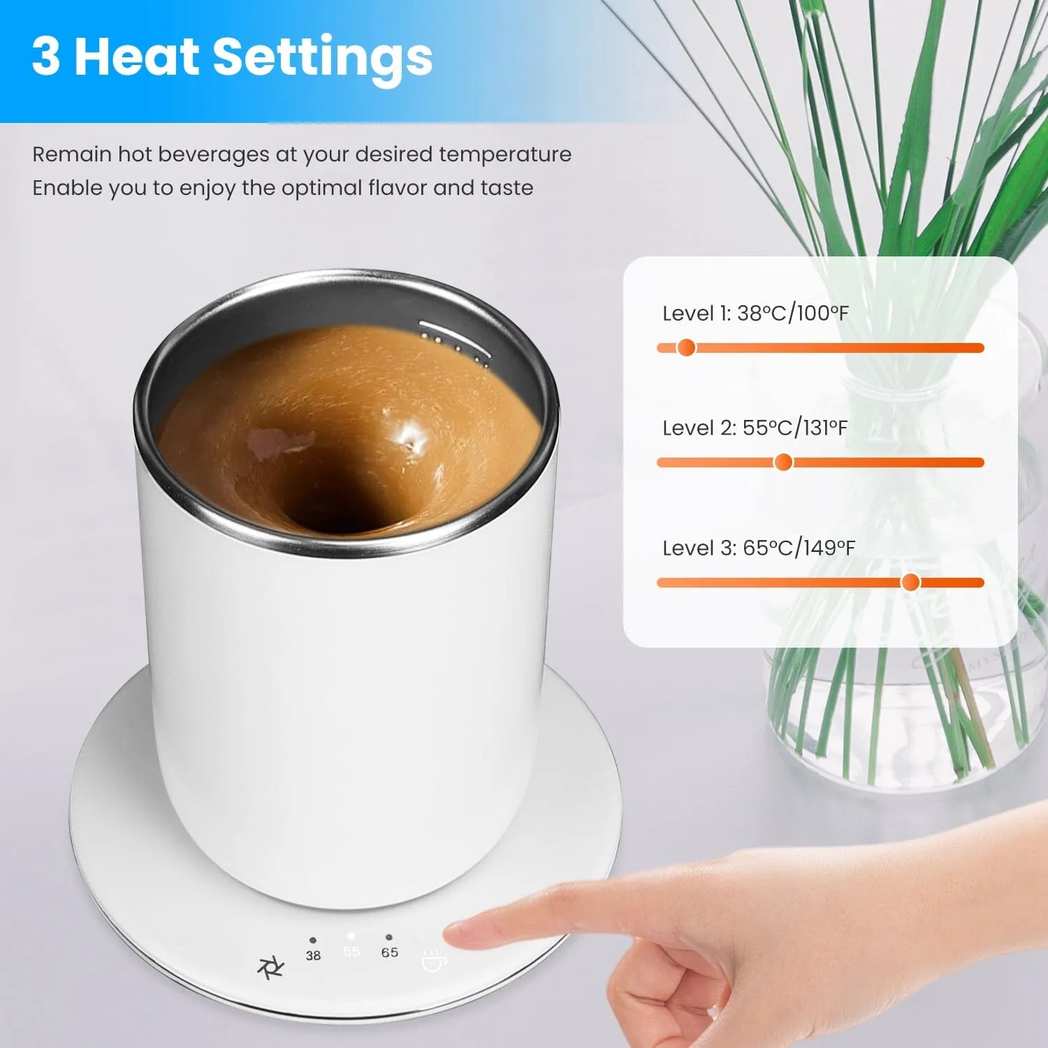 Self Stirring Coffee Mug with Lid Temperature Control 3 Heat Settings