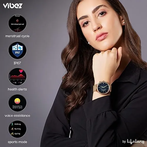 Vibez by Lifelong Jewel Premium Luxury Smartwatch for Women with 1.32 inch HD Display, 3 Additional Straps, Bluetooth Calling, Voice Assitance, Health Tracker, Multiple Watch Faces